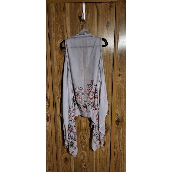 2 white sheer open cardigans with colorful designs at hem - Picture 6 of 13